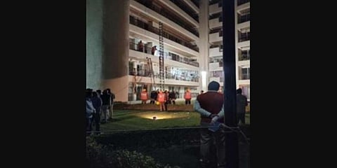 Initial reports said the living room floor of a sixth-floor apartment at Chintels Paradiso housing complex first came down, triggering the collapse of roofs and floors directly under it. (Photo | ANI)