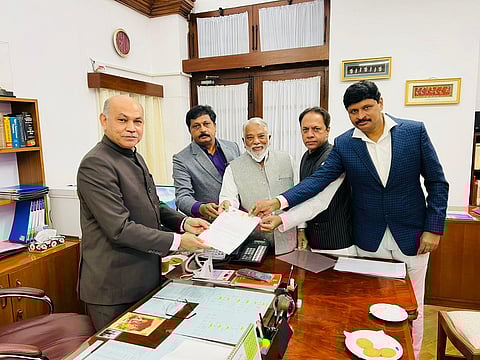 TRS Parliamentary Party leader K Keshava Rao and other RS MPs submitting the notice in Delhi on Thursday. (Photo | Express)
