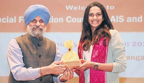 Winner of two Olympic medals & Padma Bhushan PV Sindhu at Dr MCR HRD Institute in Hyderabad on Thursday