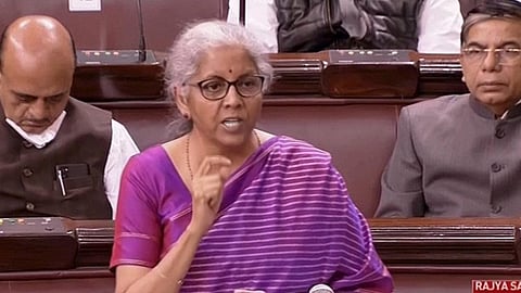 Union Minister Nirmala Sitharaman in the Rajya Sabha, during ongoing Budget Session of Parliament, in New Delhi, Friday. (Photo | PTI)