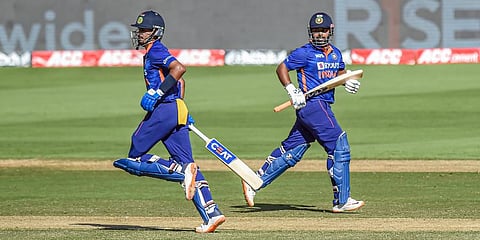 Indian batters Shreyas Iyer and Rishabh Pant run between the wickets, during the third ODI cricket match agaisnt West Indies, at the Narendra Modi Stadium in Ahmedabad, Feb 11, 2022. (Photo | PTI)