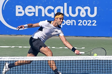 Jiri Vesely in action against Prajnesh Gunneswaran at the Bengaluru Open on Thursday (Photo | Vinod Kumar T)