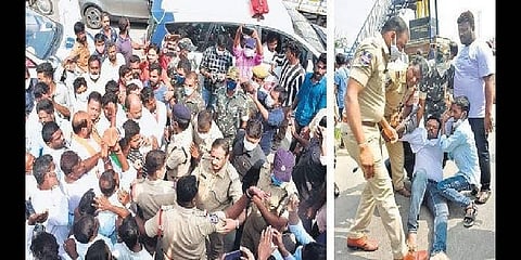 Police try to intervene as the workers of BJP and TRS clash in Narmetta mandal of Jangaon district on Thursday. Right: Police take a protestor into custody