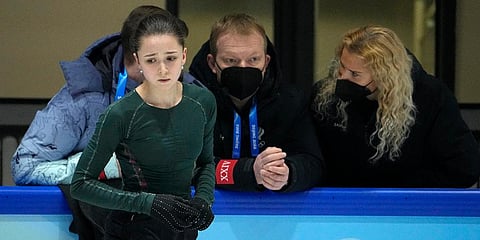 Kamila Valieva, of the Russian Olympic Committee, trains at the 2022 Winter Olympics, Thursday, Feb. 10, 2022, in Beijing. (Photo | AP)
