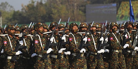 Soldiers march during a ceremony to mark Myanmar's 75th anniversary Union Day in Naypyitaw, Myanmar, Saturday, Feb. 12, 2022.(Photo | AP)