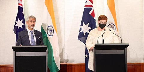 External Affairs Minister S Jaishankar with his Australian counterpart Marise Payne. (Photo | Twitter)