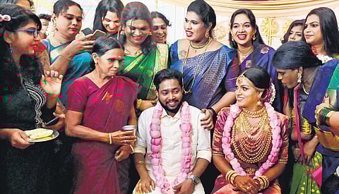 Couple Syama S Prabha and Manu Karthika with their parents during their wedding in the capital on Monday. (Photo | Vincent Pulickal/EPS)