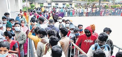 Pilgrims queue up to get Slotted Sarva Darshan (SSD) tokens as TTD began issuing them from Tuesday in Tirupati. (Photo | Madhav K)
