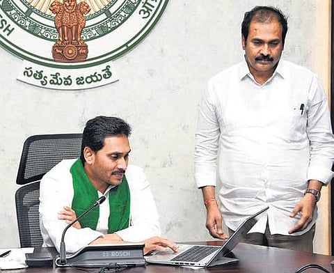 Chief Minister YS Jagan Mohan Reddy credits the input subsidy to farmers’ bank accounts, from his camp office in Tadepalli on Tuesday | Express