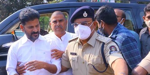 Police arrest Telangana Congress chief A Revanth Reddy at his home in Hyderabad's Jubilee Hills. (Photo| EPS)