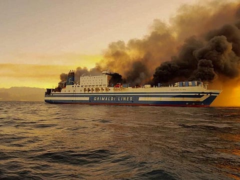 A ferry is on fire at the Ionian Sea near the island of Corfu, Greece, on Friday, Feb. 18, 2022.