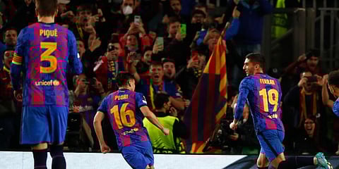 Barcelona's Ferran Torres, right, celebrates after scoring during the Europa League soccer match between Barcelona and Napoli in Barcelona, Spain, Thursday, Feb. 17, 2022. (Photo | AP)