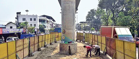 The area where a marginal slant was detected near a pillar of Kochi  Metro at Pathadipalam | Albin Mathew