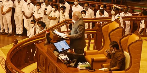 Governor Arif Mohammad Khan delivers the policy address in the Assembly on Friday.Speaker M B Rajesh is also seen.( Express Photo | BP Deepu)