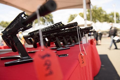 A TPM Arms LLC California-legal featureless AR-15 style rifle displayed for sale during a gun show in 2021. (Photo | AFP)