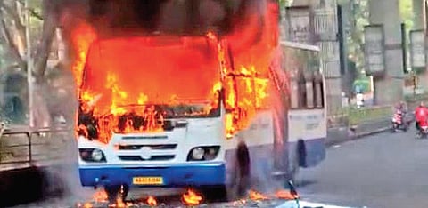 The BMTC bus which caught fire near South End Circle in Bengaluru on Tuesday | Express