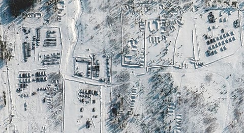This satellite images provided by Maxar Technologies shows troops gathered at a training ground in Pogonovo, Russia, on Jan. 26, 2022. ( Photo | AP)