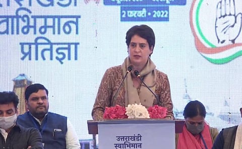 Priyanka Gandhi released the Congress manifesto for Uttarakhand at a virtual rally in Dehradun. (Photo | Twitter)