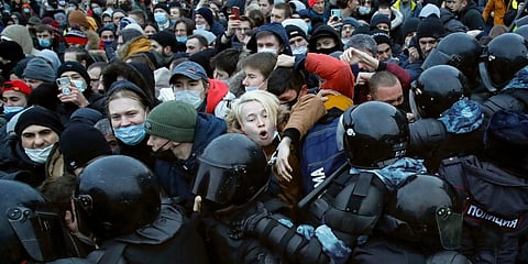 FILE - People clash with police during a protest against the jailing of opposition leader Alexei Navalny in St. Petersburg, Russia, Saturday, Jan. 23, 2021. (Photo | AP)
