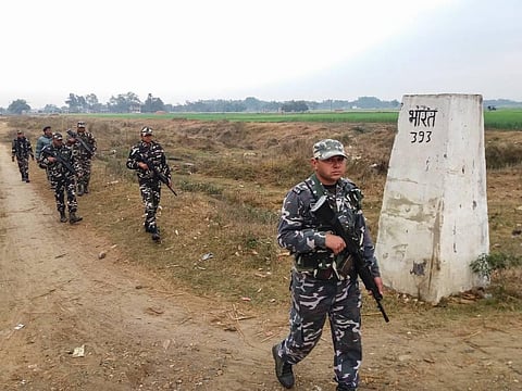 Shashtra Seema Bal (SSB) jawans patrol along the India-Nepal Border near Raxaul in East Champaran district. (Photo | PTI)