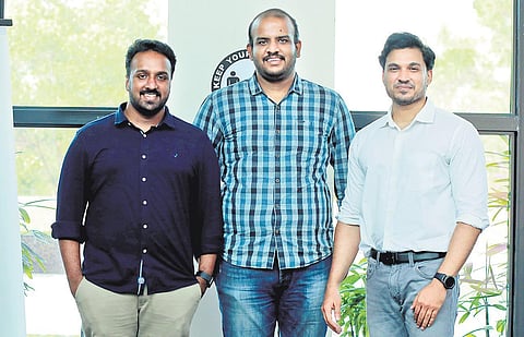 (From Left) Agrima Infotech founders Anoop Balakrishnan, Arun Ravi and Nikhil Dharman ( Photo | EPS)