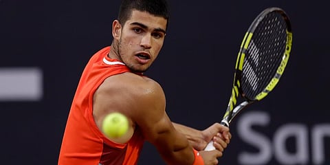 Carlos Alcaraz of Spain returns the ball to Diego Schwartzman of Argentina, during the final match of the Rio Open tennis tournament in Rio de Janeiro, Brazil, Sunday, Feb. 20, 2022. (Photo | AP)