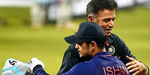 Indian Head Coach Rahul Dravid congratulates Ishan Kishan after winning the 3rd and final T20 match of the series against West Indies, at Eden Garden in Kolkata, Sunday, Feb. 20, 2022. (Photo | PTI)