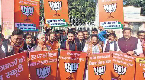 Union minister Anurag Thakur campaigns in Varanasi. (Photo | Chandan Rupani/EPS)
