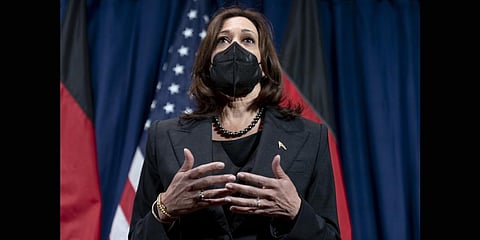 Vice President Kamala Harris speaks to members of the media at her hotel after attending the Munich Security Conference, Sunday, Feb. 20, 2022.(Photo | AP)