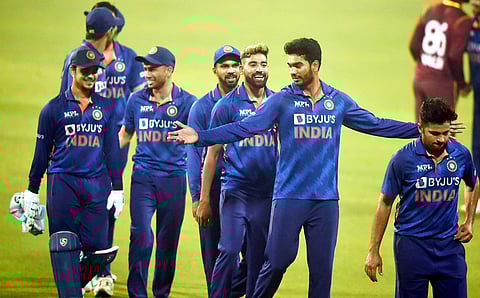 Indian players after winning the 3rd and final T20 match of the series against West Indies, at Eden Garden in Kolkata, on Sunday, Feb 20, 2022. (Photo | PTI)