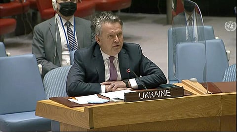 Ukraine's Ambassador to the United Nations Sergiy Kyslytsya speaks during an emergency U.N. Security Council meeting at U.N. headquarters. (Photo | AP)