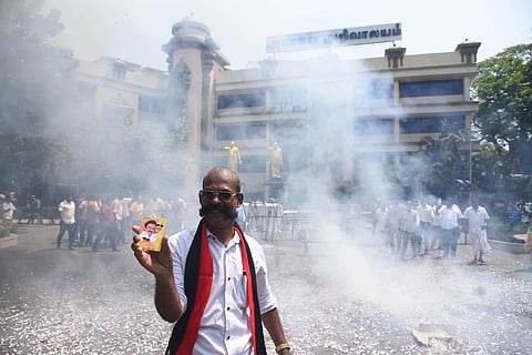 DMK cadres celebrating party victory at DMK headquarters in Chennai on Tuesday, Feb 22, 2022. (Photo | R Satish Babu, EPS)