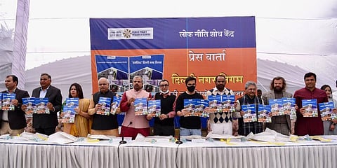 BJP leaders from Delhi release the report titled ‘Karm-Nishth Municipal Corporations of Delhi’ ahead of the civic bosy elections, Feb 22, 2022. (Photo | Twitter, Adesh Gupta)