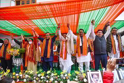 Assam Chief Minister Himanta Biswa Sarma at the “flag-hoisting” ceremony of senior Manipur Minister Thongam Biswajit, on Wednesday. (Photo | EPS)
