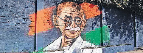 A mural of Mahatma Gandhi at a park in East Delhi