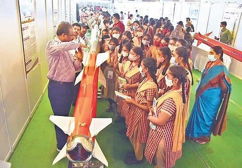 Students take a look at the missile models displayed during the Science Festival held at SPA. (Photo |EPS, P Ravindra Babu)