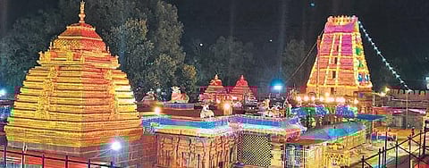 Srisailam temple illuminated on Monday ahead of Maha Shivaratri Brahmotsavams (Photo| EPS)