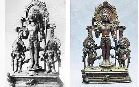 (From L-R) Photo of a 10th century CE Shiva bronze from Kolkata’s Asutosh Museum published in a book by Lalit Kala Akademi. The same Shiva bronze that was stolen and is now in a UK museuma.