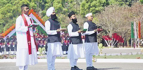 Religious leaders from Hindu, Muslim, Christian and Sikh faiths offer prayers during the presentation of the ‘President’s Colours’ at the Parachute Regiment Training Centre in Bengaluru on Wednesday |