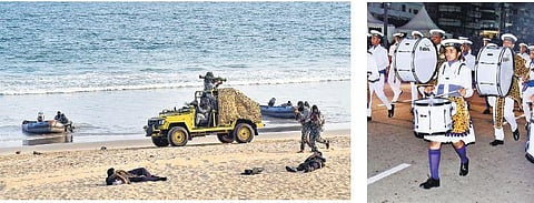 Rehearsals of operational display as part of MILAN being conducted at RK Beach in Visakhapatnam on Wednesday. (Photo | EPS)