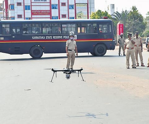 A police drone lifts off to undertake  surveillance of sensitive areas in Shivamogga on Wednesday  | vinod kumar t