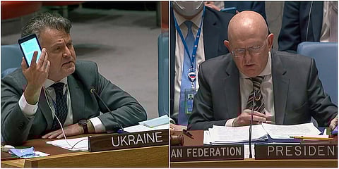 Ukraine's Ambassador to the UN Sergiy Kyslytsya and Permanent Representative of Russia Vasily Nebenzya. (File photo| AP)