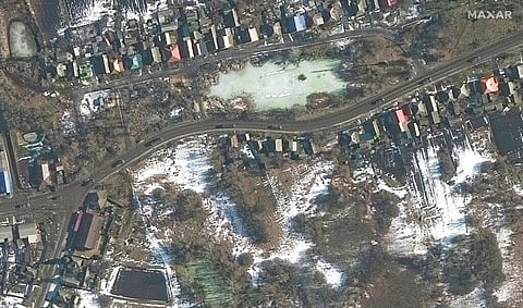 This Wednesday, Feb. 23, 2022, satellite image provided by Maxar Technologies shows part of a military convoy moving south in and around Golovchino, Russia. (Photo | AP)
