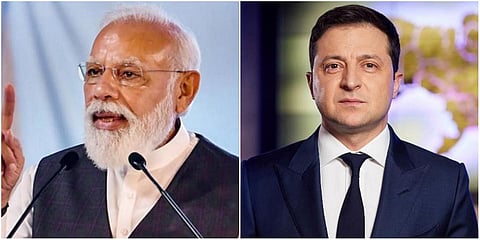 PM Narendra Modi (L) and Ukranian President Volodymyr Zelenskyy. (File photo| AP and PTI)
