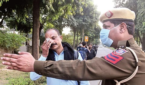 Several parents reached near the Russian Embassy on Friday, Feb 25, to protest against the delay in the evacuation process of their children from Ukraine. (Photo | Parveen Negi)