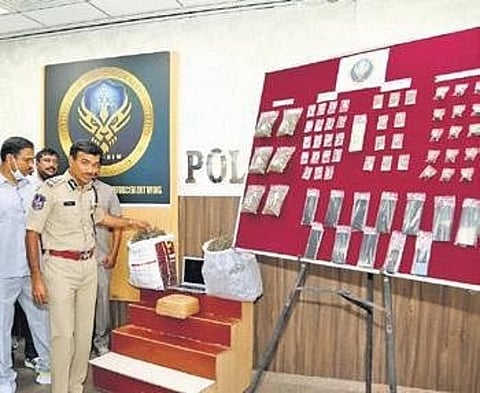 Police Commissioner CV Anand shows the seized drugs to the media in Hyderabad on Saturday. (photo | EPS)