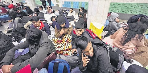 The students and local residents who have been shifted to the metro station in Kharkiv city. ( Photo | EPS)