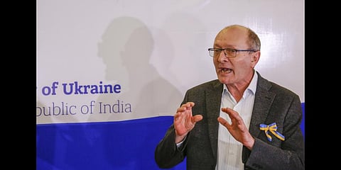 Ukranian Ambassador to India Igor Polikha speaks to the media.(Photo | PTI)