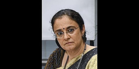 Madhabi Puri Buch attends a press conference following the SEBI board meeting, in Mumbai.(Photo | PTI)