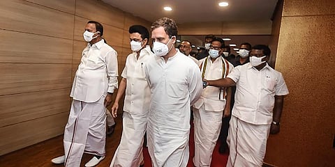 Rahul Gandhi with Tamil Nadu CM M.K. Stalin arrives at the function for the release of Stalin's autobiography 'Ungalil Oruvan',in Chennai,(Photo | PTI)